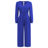 Women Casual Solid V-Neck Long Sleeve Pants Jumpsuit Belt Included