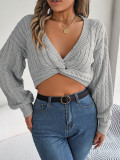 Women Sexy Casual Knotted V-Neck Balloon Sleeve Crop Sweater