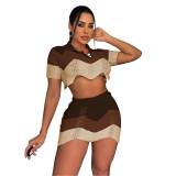 Women Kintting Colorblock Crop Top and Skrit Two-piece Set
