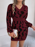 Women V-Neck Contrast Color Long Sleeve Bodycon Sweater Dress