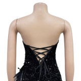 Women Solid Strapless Backless Sequin Feather Dress