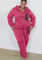 Plus Size Women Casual Solid Hoodies and pant two-piece set