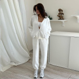 Women fleece Stand Collar Long Sleeve Hoodies and Trousers Casual Two Piece Set