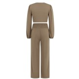 Plus Size Women High Waist Belted Long Sleeve Top + Straight Pants Two-piece Set