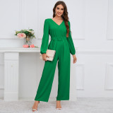 Women Casual Solid V-Neck Long Sleeve Pants Jumpsuit Belt Included