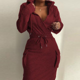 Women Solid Long Sleeve V Neck Top and Drawstring Skirt Two-piece Set