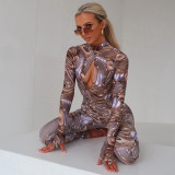 Women Hollow Long Sleeve Backless Printed Jumpsuit