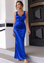 Women Summer Sexy Solid Pleated Satin Dress
