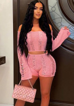 Women's Sexy Off Shoulder Back Hollow Long Sleeve Top Shorts Two-Piece Set