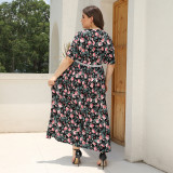 Plus Size V-Neck Floral Printed Lace Patchwork Loose Long Dress Beach Holidays Dress