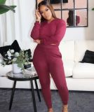 Autumn And Winter Solid Color Ribbed Casual Two-Piece Set