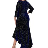Elegant Velvet Irregular Hem Three Quarter Long Sleeve Plus Size Party Dress
