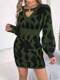 Autumn And Winter Casual Color Block Hollow Sleeve Slim Waist Sweater Dress Women's Clothing