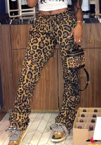 Autumn Women's Leopard Print Casual Pockets Drawstring Elastic Pants