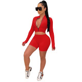 Women's Autumn And Winter Casual Shorts Sexy Round Neck Tight Fitting Solid Color Two Piece Set