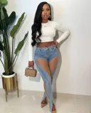 See-Through Mesh Patchwork Slit Stretch Fit Butt Lift Denim Pants
