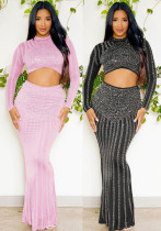 Sexy Beaded Tight Fitting Stretch Long Sleeve Top Bodycon Mermaid Skirt Suit