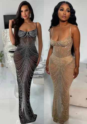 Women's Solid Color Mesh Beaded Straps Maxi Dress