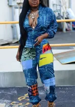 Women's Fall/Winter Positioning Print Contrast Color Long Sleeve Plus Size Jumpsuit