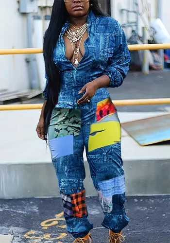 Women's Fall/Winter Positioning Print Contrast Color Long Sleeve Plus Size Jumpsuit