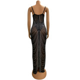 Women's Solid Color Mesh Beaded Straps Maxi Dress