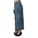 Fashionable Pocket Slit Stretch Denim Skirt