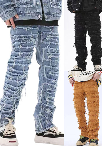 Men's Street Fashion Hot Patch Washed Ripped Trendy Straight Denim Pants