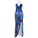 Summer Women's Fashionable And Sexy Halter Neck Low Back Slim See-Through Printed Dress