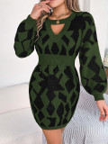 Autumn And Winter Casual Color Block Hollow Sleeve Slim Waist Sweater Dress Women's Clothing