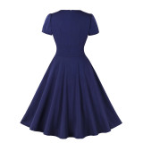 Women's Solid Color V-Neck Slim Waist Plus Size  Retro A-Line Swing Dress