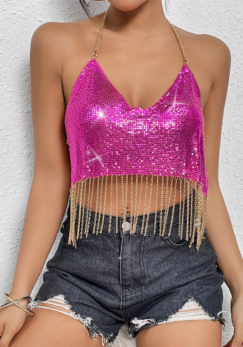 Sexy Tassel Halter Low Back Straps Night Club Top For Women