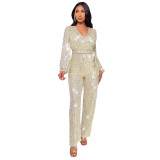 Fashion Casual Long Sleeve Belt Sequin Jumpsuit Women's Clothing