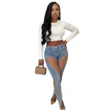 See-Through Mesh Patchwork Slit Stretch Fit Butt Lift Denim Pants