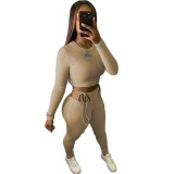 Nightclub Women's Clothing Round Neck Ribbed Sexy Slim Top Lace-Up Pants Two-Piece Set