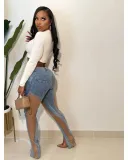 See-Through Mesh Patchwork Slit Stretch Fit Butt Lift Denim Pants