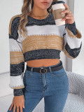 Autumn And Winter Casual Color Block Hollow Lantern Sleeve Pullover Crop Sweater Women's Clothing