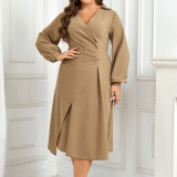 Plus Size Spring And Autumn Slim Fit V-Neck Solid Color Chic Irregular Dress