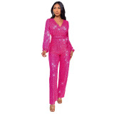 Fashion Casual Long Sleeve Belt Sequin Jumpsuit Women's Clothing
