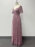 Women Elegant See-Through Short Sleeve V-Neck Mesh Evening Dress