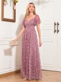 Women Elegant See-Through Short Sleeve V-Neck Mesh Evening Dress