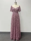 Women Elegant See-Through Short Sleeve V-Neck Mesh Evening Dress