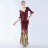 Women ostrich feather gradient sequin half-sleeve evening dress