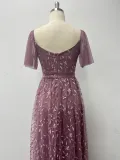 Women Elegant See-Through Short Sleeve V-Neck Mesh Evening Dress