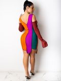 Women Color Blocked Off-Shoulder V-Neck Sexy Dress