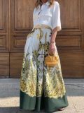 Women autumn single-breasted shirt and high-waist printed wide-leg pants two-piece set