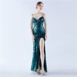 Women Herringbone Lace-Up Symphony Beaded Evening Dress