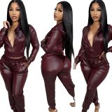 Women Casual PU-Leather Hooded and Pant Two-piece Set