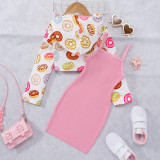 Girl hooded Top and donut print pink dress two-piece set