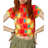Women summer sexy half turtleneck printed Crop short-sleeved T-shirt