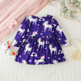 Autumn Baby Girl Long Sleeve Unicorn Print Print Dress